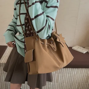 Drawstring Bucket Shoulder Bags For Women Soft PU Leather Solid Color Large Capacity Shopper Totes 2026 New In Designer Handbags