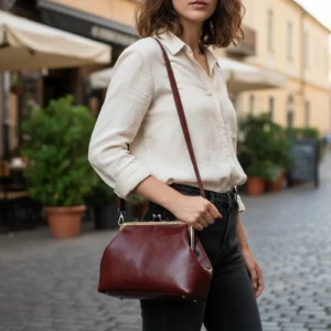 Women Girls PU Leather Solid Color Shoulder Bag with Adjustable Strap Elegant Kiss Lock Shoulder Bag for School Work Daily Use